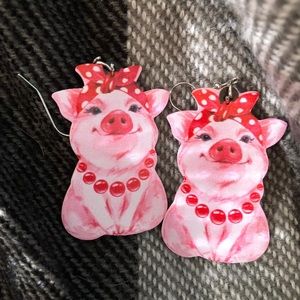 Pink and red pig with bow and necklace faux leather earrings